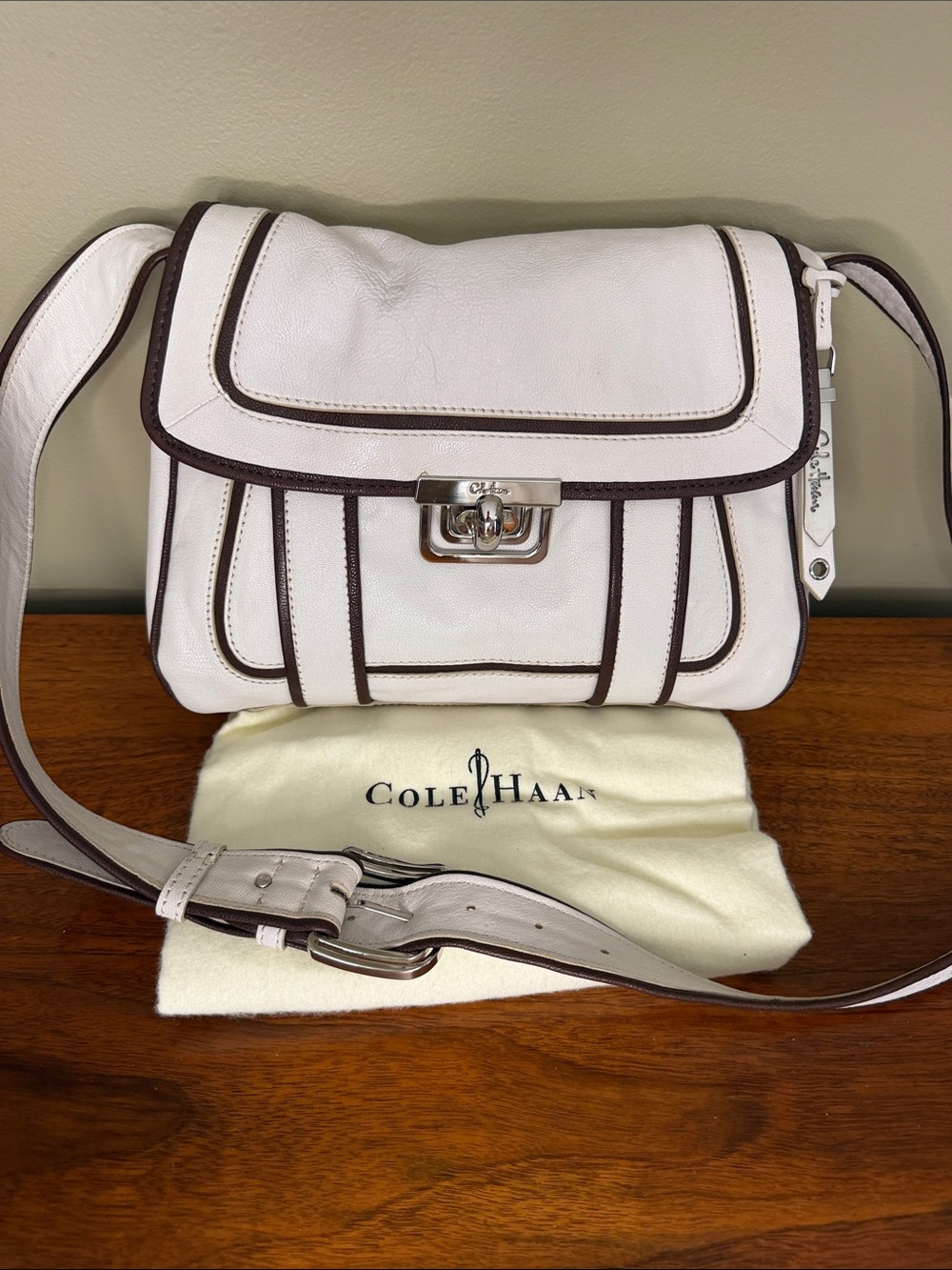 Cole Haan White Leather Crossbody with Brown Trim